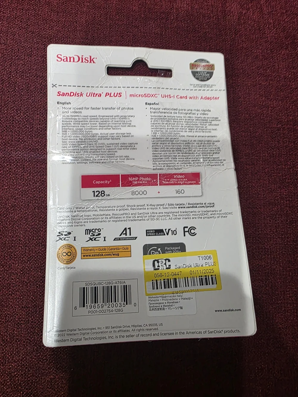 SanDisk Ultra PLUS 128GB microSD MicroSDXC UHS-I Memory Card Damaged Box